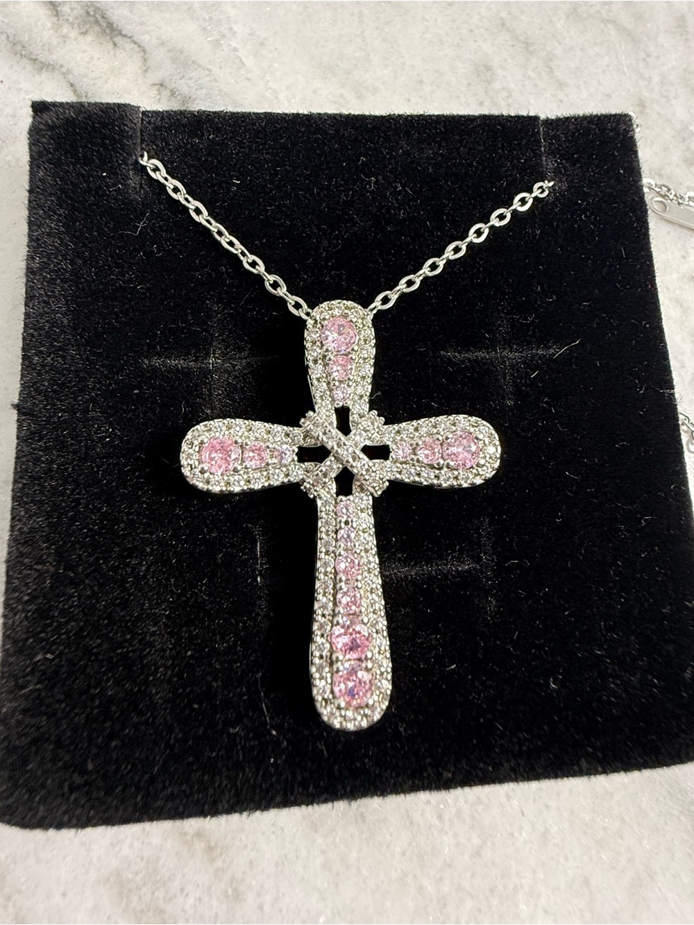 Silver Cross Necklace with Pink Crystal Accents